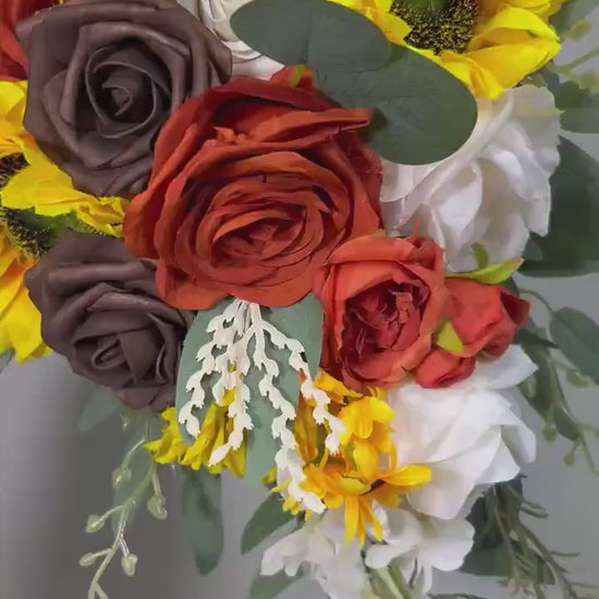 Sunflower Bouquet Wedding Bridal Sunflowers Cascading Bouquet Terracotta Brown White Bridesmaids Cascade Bouquet Rust Burnt Orange Bouquet