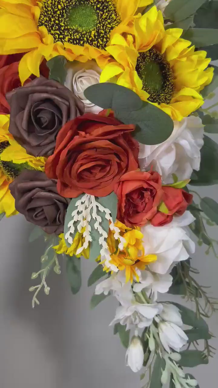 Sunflower Bouquet Wedding Bridal Sunflowers Cascading Bouquet Terracotta Brown White Bridesmaids Cascade Bouquet Rust Burnt Orange Bouquet