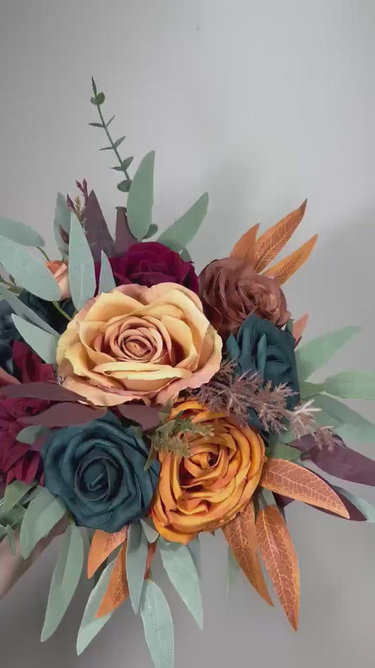 Wedding Dark Teal Bouquet Bridal Burgundy Terracotta Bridesmaids Burgundy Burnt Orange Bouquet Dark Teal Blue Rust Artificial Flowers