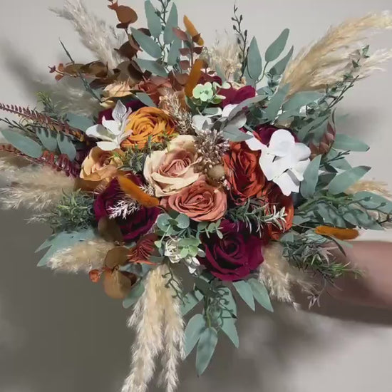 Wedding Bouquet Rust Burgundy Bouquet Bridal Terracotta Pampas Grass Bridesmaids Bouquet Burnt Orange Ivory Fall Hydrangea Artificial Flower