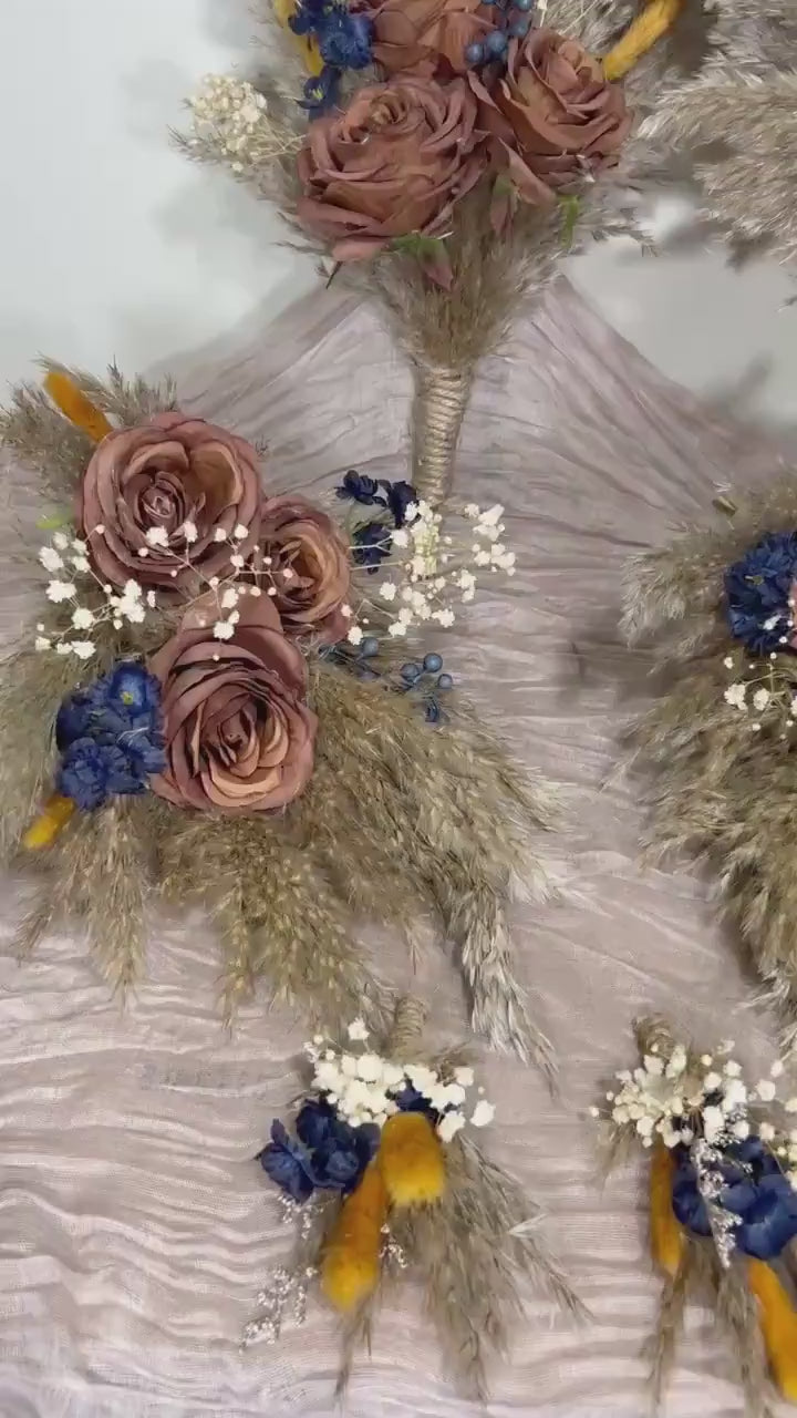 Brown Bouquet Wedding Bridal Terracotta Navy Blue Rust Boho Cinnamon Bouquet Coffee Brown Blue Taupe Artificial Flower Pampas Grass