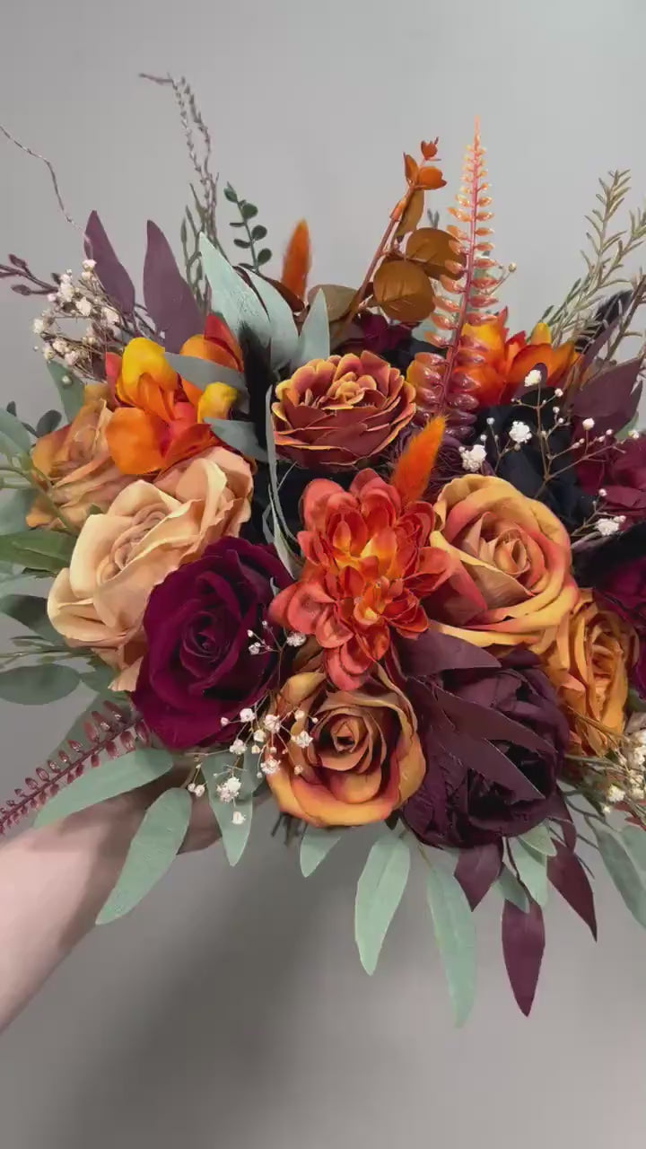 Wedding Bouquet Terracotta Burnt Orange Bridal Rust Bouquet Black Halloween Bouquet Burgundy Fall Eucalyptus Wine Red Artificial Flower