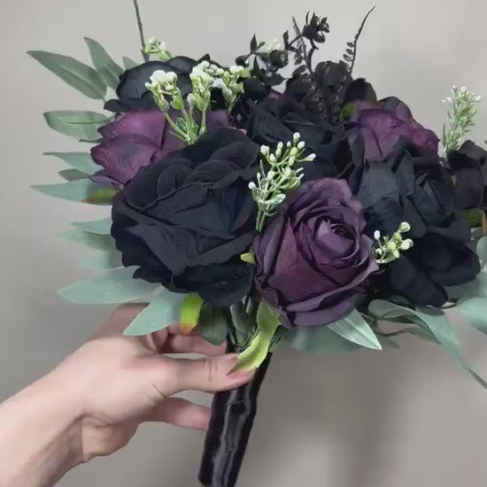 Wedding Bouquet Black Dark Purple Bridal Wedding Gothic Bouquet Black Decor Plum Black Bridesmaids Bouquet Sage Artificial Flower