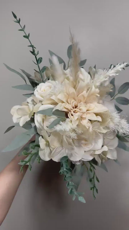 Wedding Bouquet Ivory Bridal Cream Bouquet Champagne Classic Sage Eucalyptus Greenery Bridesmaids Bouquet White Hydrangea Artificial Flowers