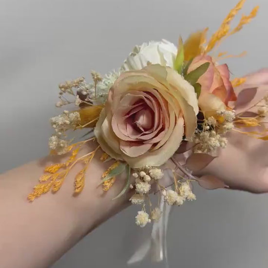 Wedding Corsage Terracotta Bridal Burnt Orange Wedding Boho Wrist Corsage White Bridesmaids Corsage Accessories Artificial Flowers