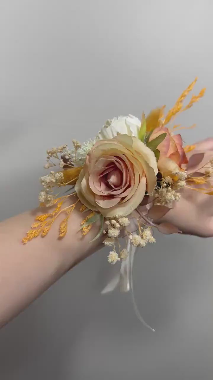 Wedding Corsage Terracotta Bridal Burnt Orange Wedding Boho Wrist Corsage White Bridesmaids Corsage Accessories Artificial Flowers