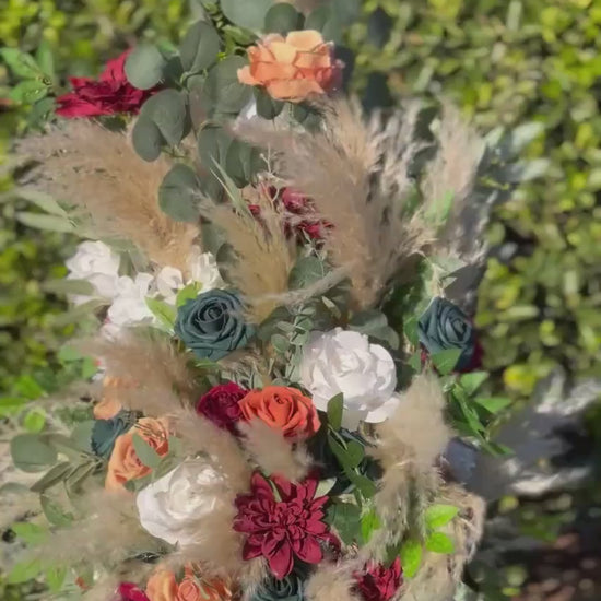 Set of 2 Wedding Aisle Marker Flower Floor Arrangement Barrel Décor Teal Burnt Orange Burgundy