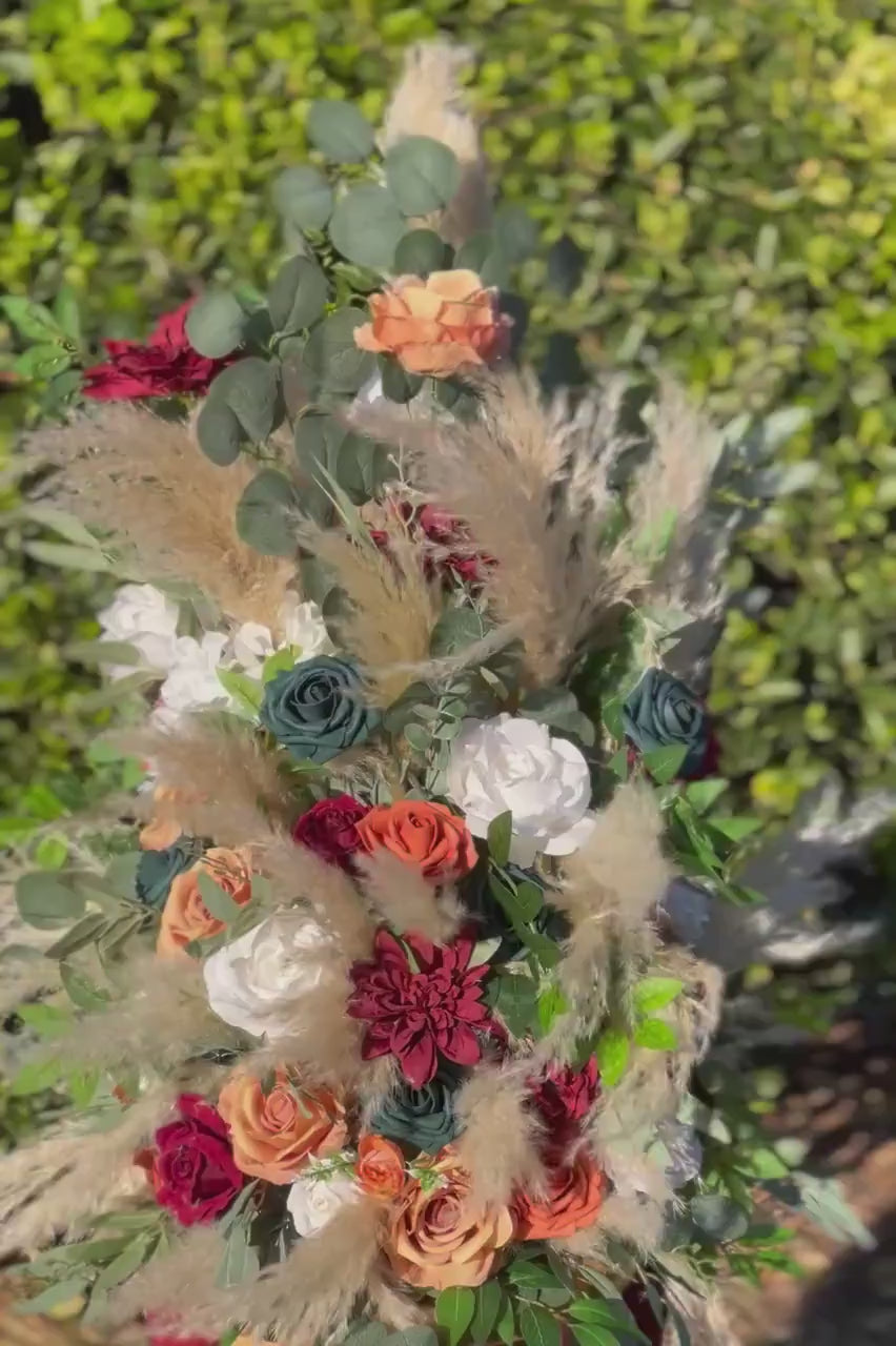 Set of 2 Wedding Aisle Marker Flower Floor Arrangement Barrel Décor Teal Burnt Orange Burgundy