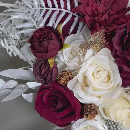Wedding Bouquet Burgundy Winter Christmas Bridal Ivory Rustic Bridesmaids Decor Gold Christmas Tree Snow Pine Cone Red Berries Artificial