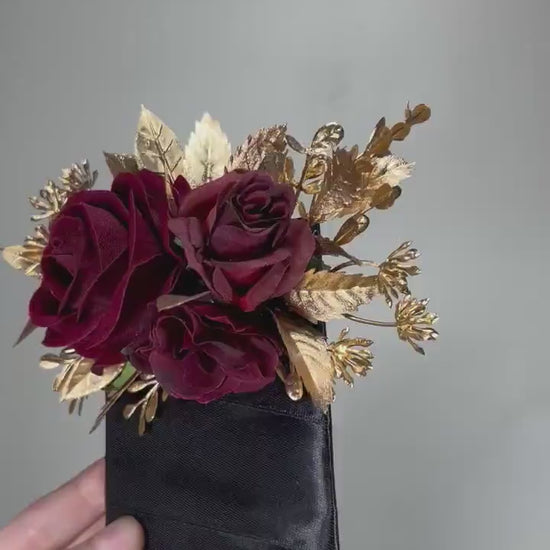 Burgundy Pocket Boutonniere Wedding Burgundy Gold Boutonniere Burgundy Groom Square Boutonnière Groomsmen Burgundy Gold Artificial Flower