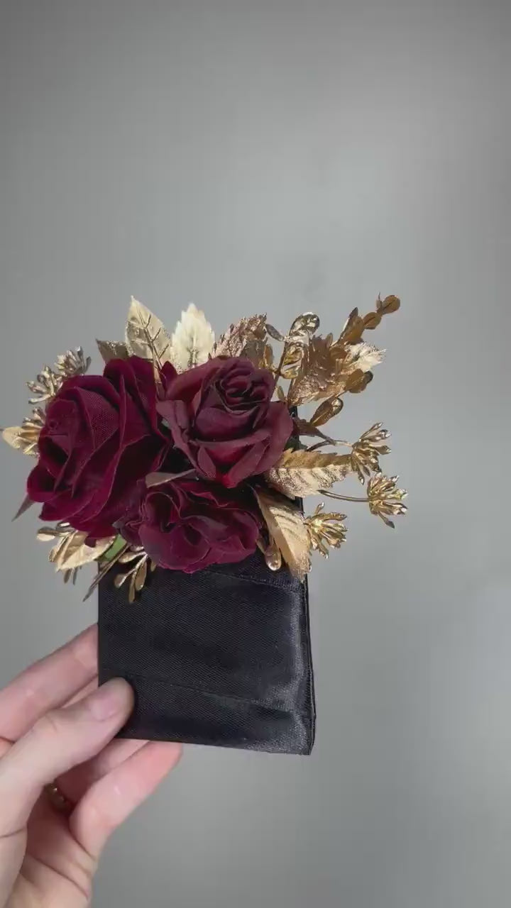 Burgundy Pocket Boutonniere Wedding Burgundy Gold Boutonniere Burgundy Groom Square Boutonnière Groomsmen Burgundy Gold Artificial Flower