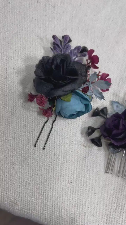 Black Hair Comb Wedding Burgundy Flower Girl Headpiece Gothic Floral Blue Purple Hair Pin Black Accessories Hair Comb Artificial Flowers