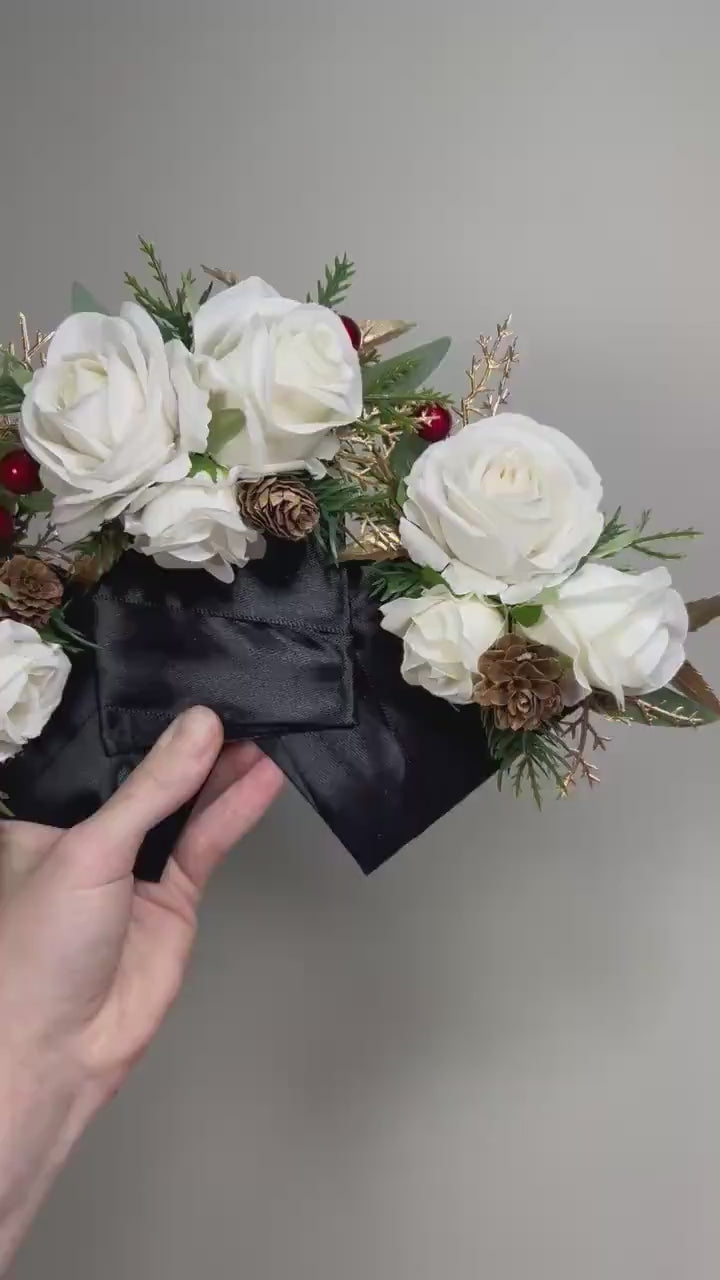 Christmas Pocket Boutonniere Wedding White Groom Pocket Boutonnière Square Winter Groomsmen Gold Ivory Pine Cones Artificial Flower