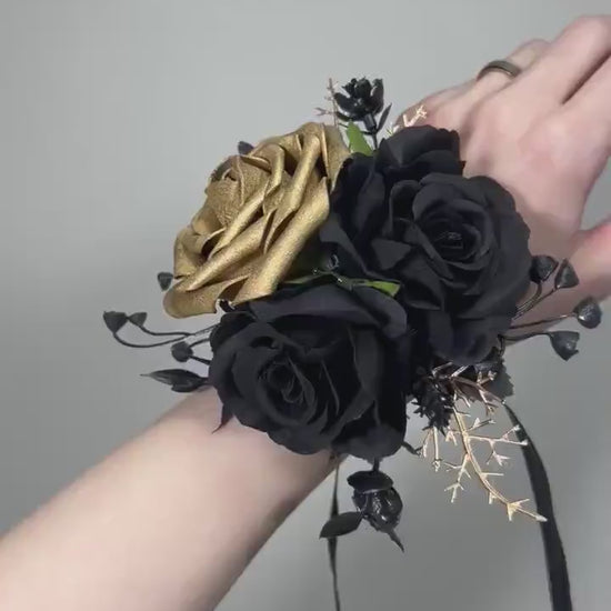 Black Gold Corsage Wedding Black Gothic Corsage Black Gold Mom Wrist Corsage Artificial Flowers Black Gold Wrist Corsage