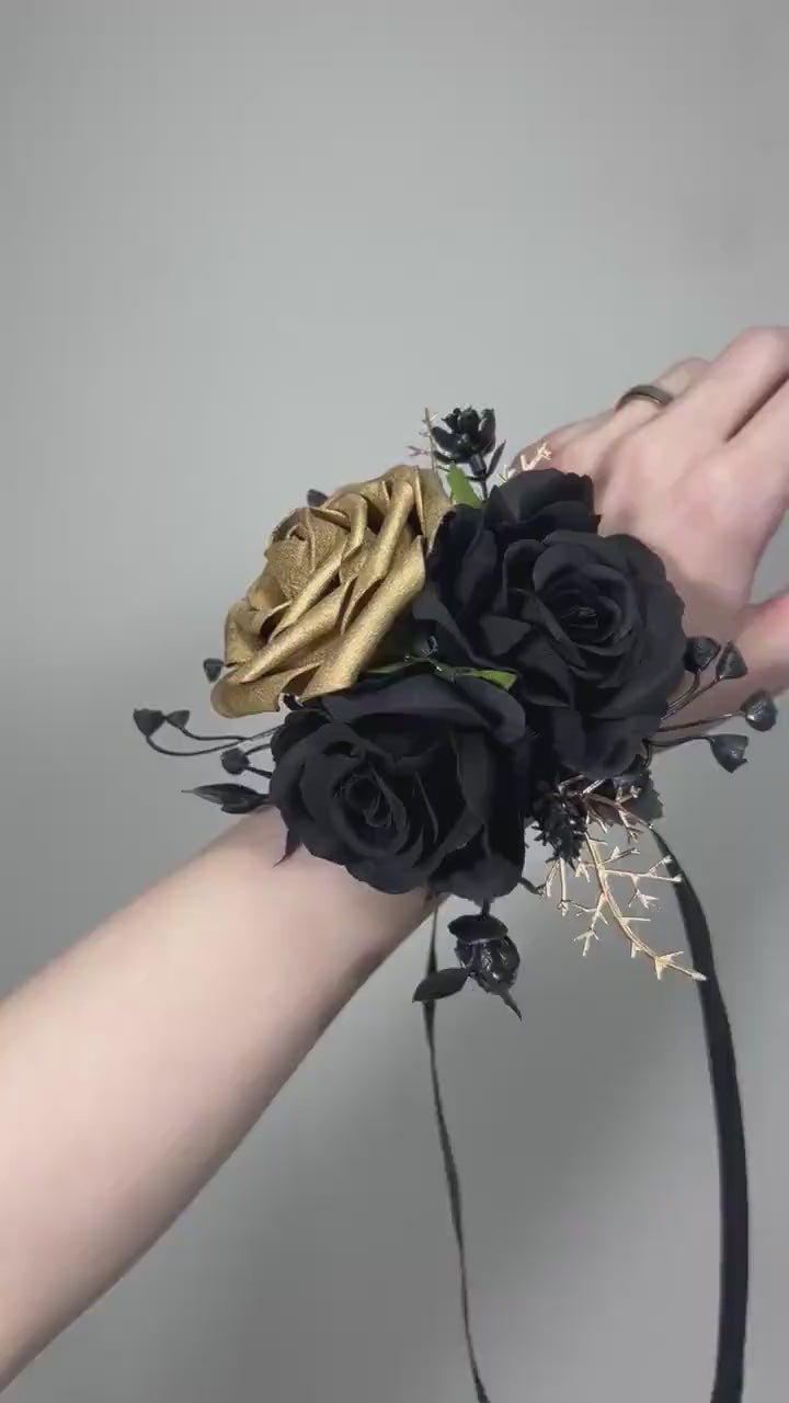 Black Gold Corsage Wedding Black Gothic Corsage Black Gold Mom Wrist Corsage Artificial Flowers Black Gold Wrist Corsage