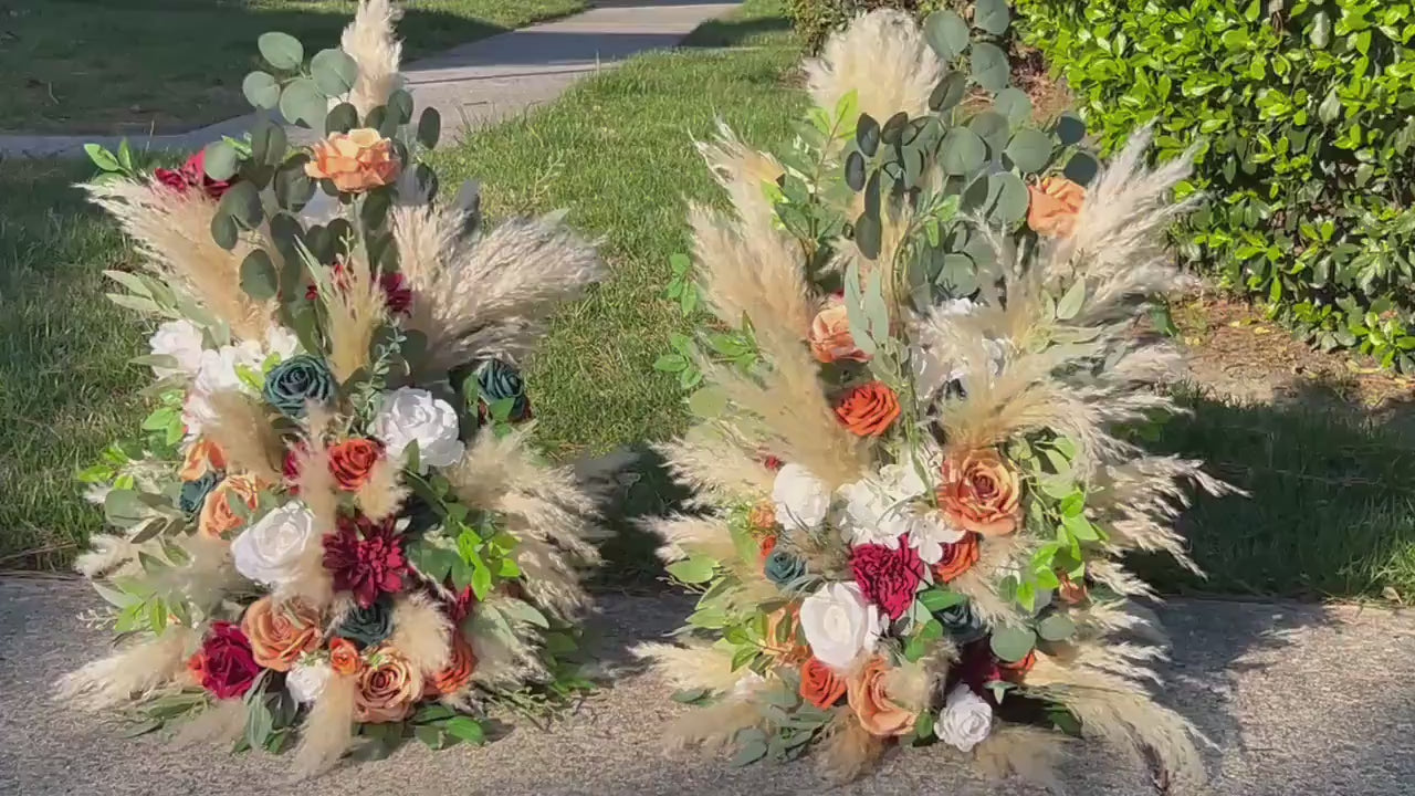 Set of 2 Wedding Aisle Marker Flower Floor Arrangement Whiskey Barrel Orange Décor Teal Boho Terracotta Burgundy Ground Arch Pampas Grass