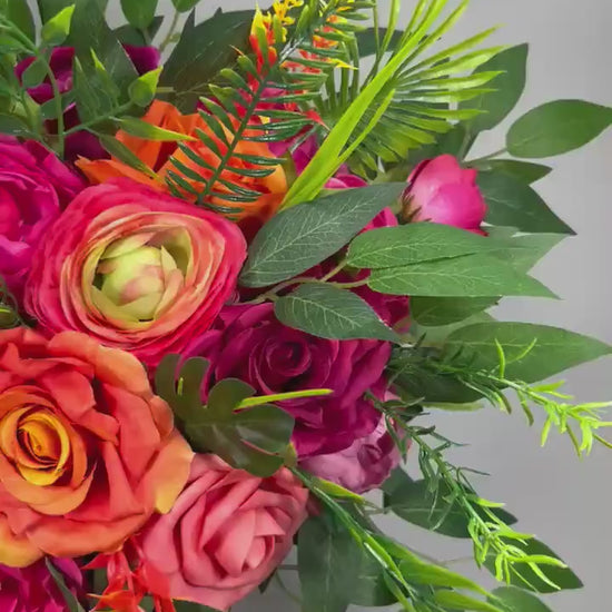Tropical Bouquet Wedding Hot Pink Orange Bridal Vibrant Bouquet Summer Bridesmaids Ranunculus Fuchsia Magenta Burnt Orange Coral Artificial