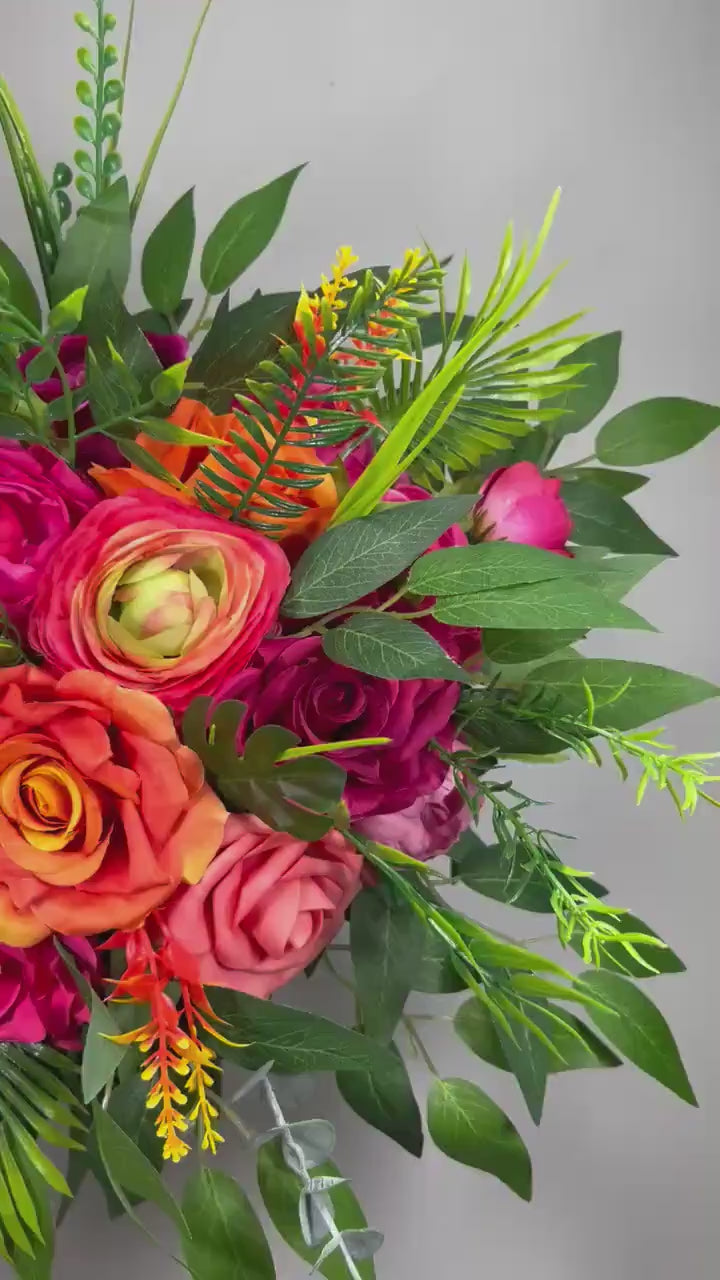 Tropical Bouquet Wedding Hot Pink Orange Bridal Vibrant Bouquet Summer Bridesmaids Ranunculus Fuchsia Magenta Burnt Orange Coral Artificial