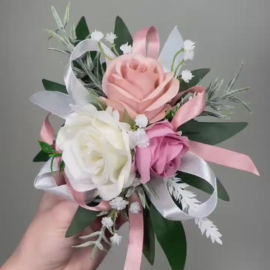 Pin on Corsage White Dusty Rose Wedding Bridesmaids Corsage Mother Prom Dusty Pink Blush Ivory Baby Breath Greenery Artificial Flower