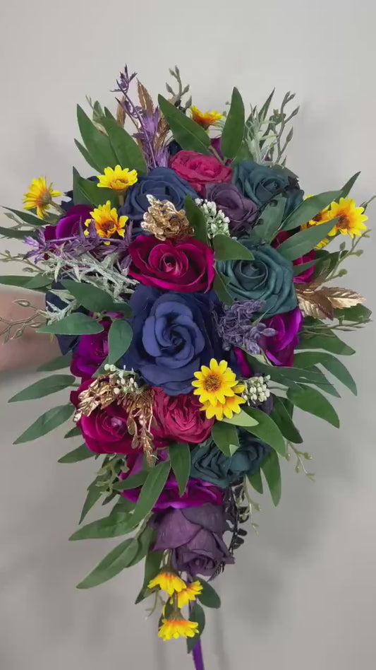 Jewel Tone Bouquet Wedding Bridal Cascade Bouquet Purple Navy Blue Royal Bridesmaids Cascading Bouquet Plum Teal Bouquet Artifical Flower