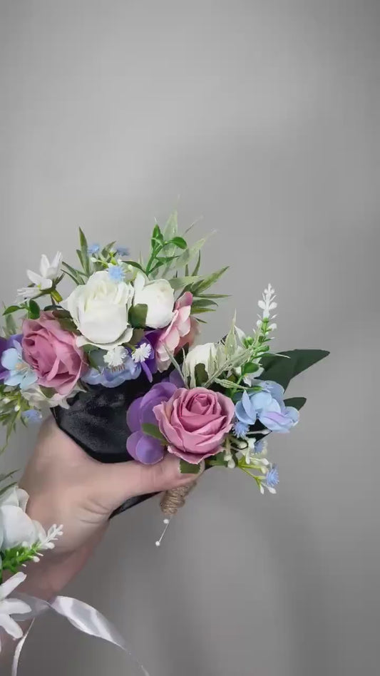 White Blue Pink Corsage Wedding Ivory Baby Blue Dusty Rose Wrist Corsage Bridesmaids Wild Flowers Corsage Purple Rustic Artiricial Flower