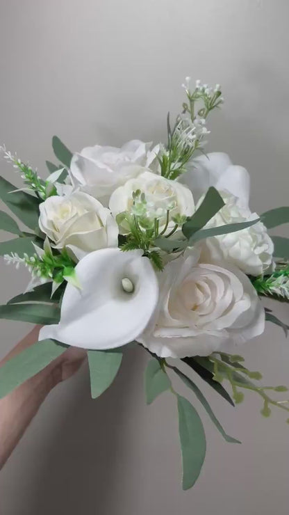 Wedding Calla Lily Bouquet White Bridal Ivory Bouquet Classic Sage Eucalyptus Greenery Calla Lily Bridesmaids Bouquet Artificial Flowers