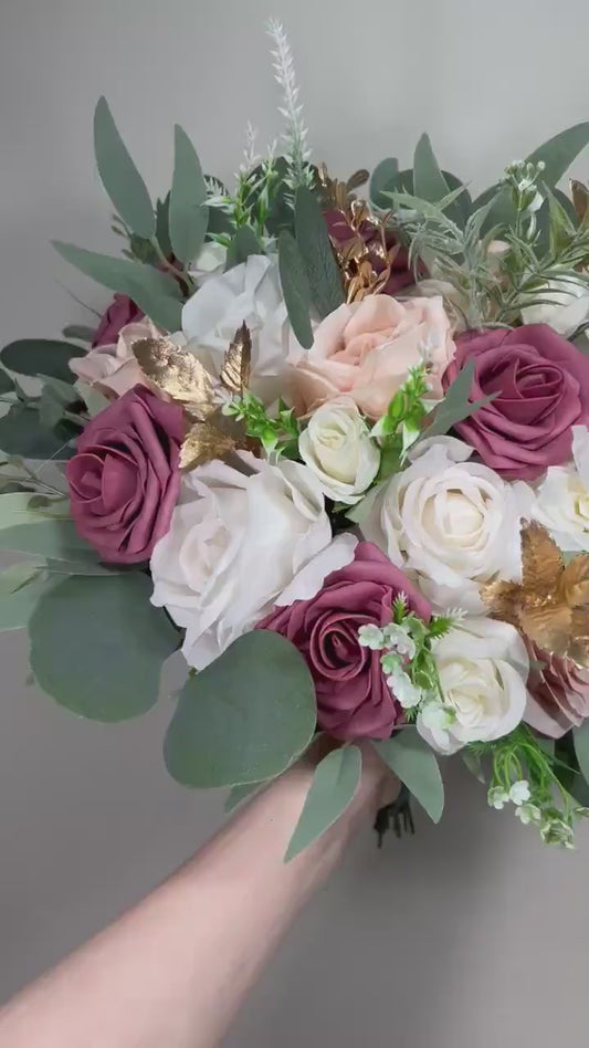 Mauve Bouquet Wedding Bridal White Mauve Bouquet Dusty Lilac White Bouquet Bridesmaids Mauve Rose Gold Bouquet Eucalyptus Artificial Flowers