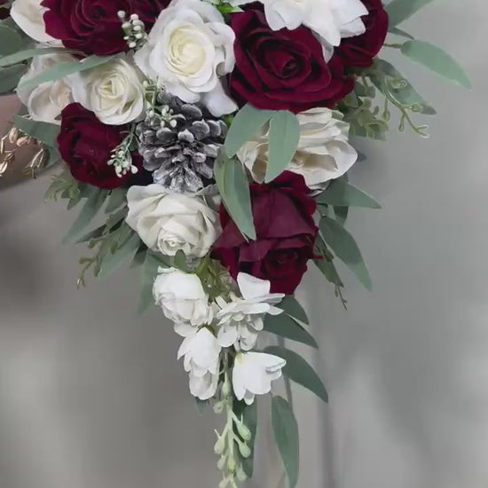 Burgundy White Bouquet Wedding Bridal Burgundy Cascade Bouquet White Burgundy Bouquet Christmas Pine Cone Bouquet Cascading Bouquet Burgundy