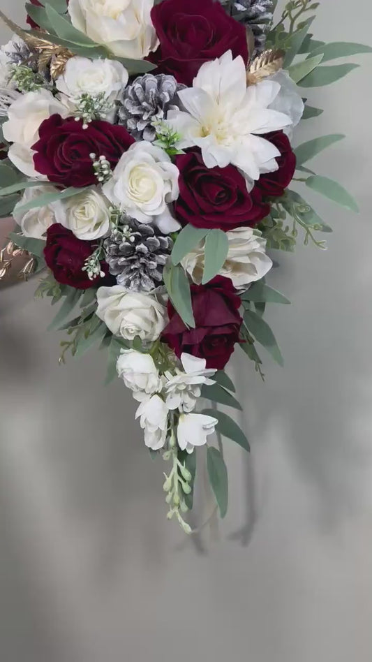 Burgundy White Bouquet Wedding Bridal Burgundy Cascade Bouquet White Burgundy Bouquet Christmas Pine Cone Bouquet Cascading Bouquet Burgundy