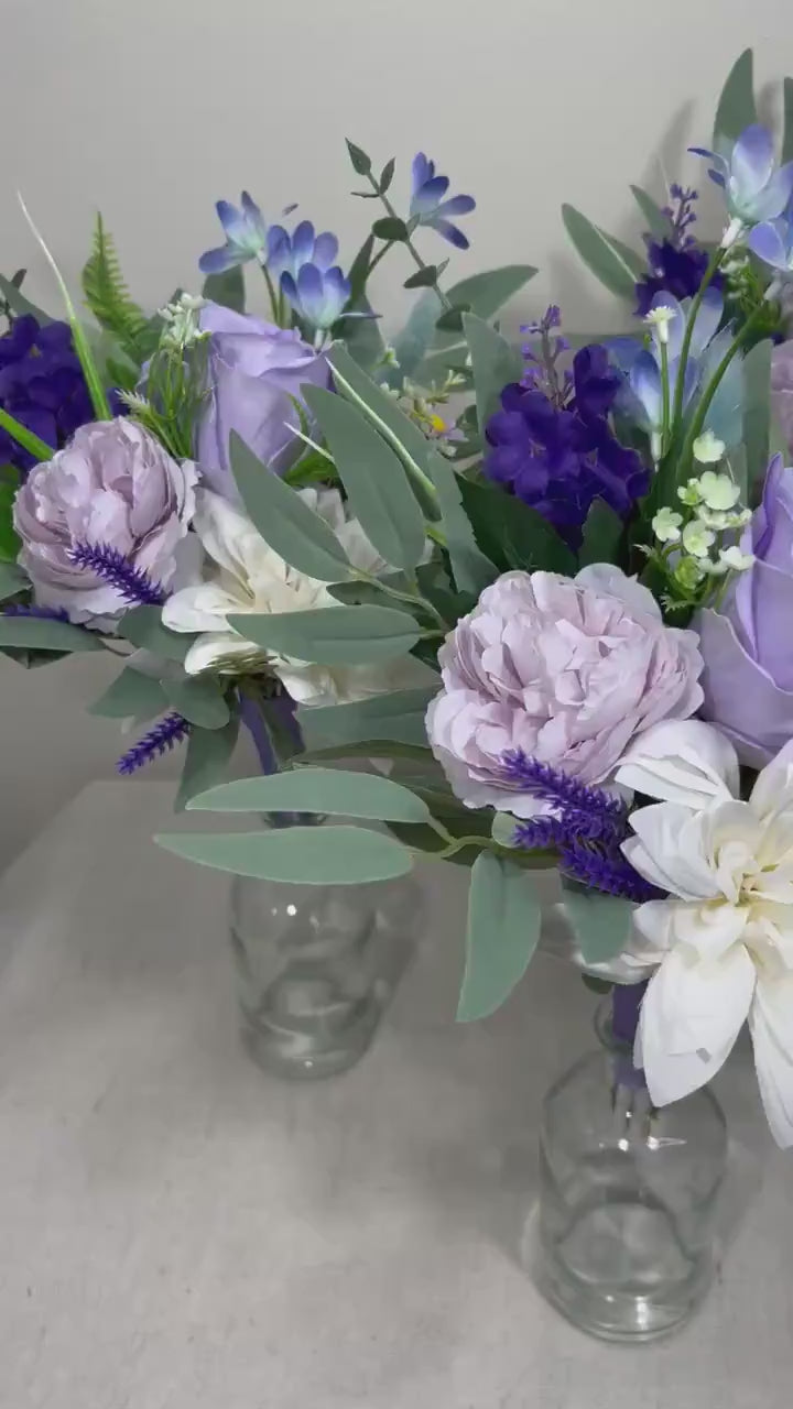 Mini Bouquets for Vases Purple White Centerpiece 3 Flowers Violet Mini Centerpiece Table Decor White Lavender Eucalyptus Plum Centerpiece