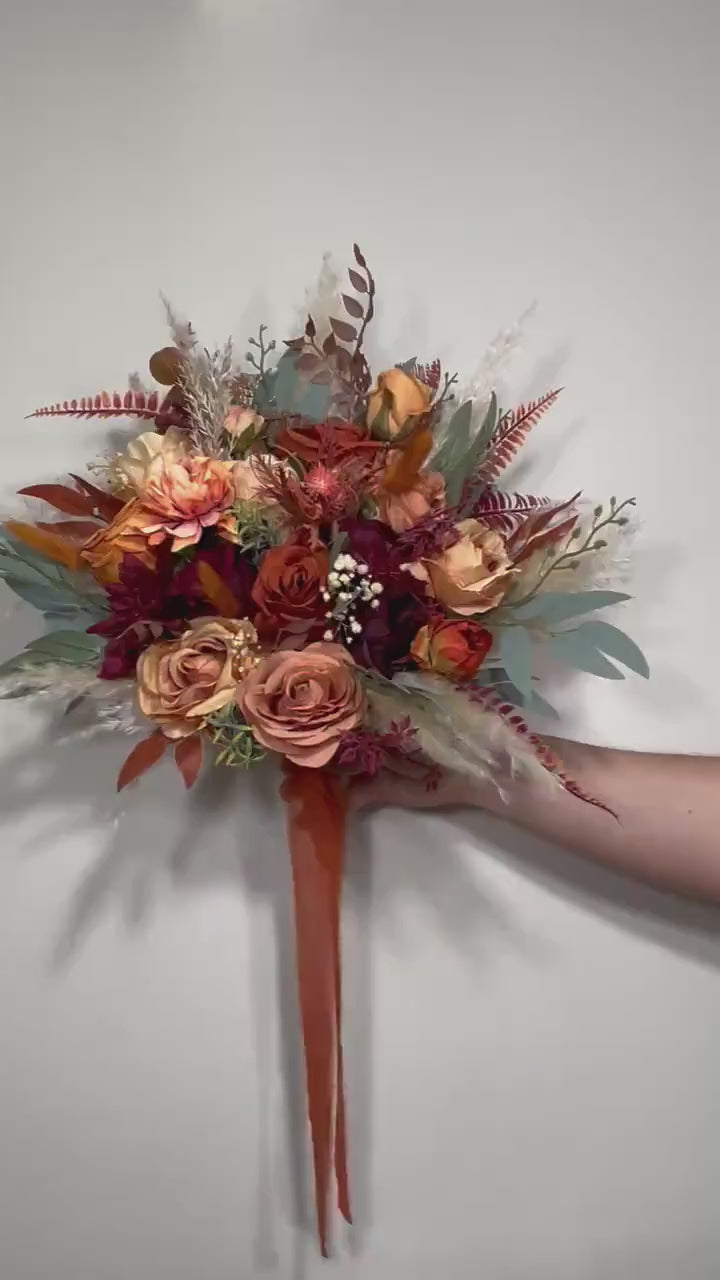 Wedding Bouquet Terracotta Rust Burgundy Burnt Orange Bouquet Bridal Fall Eucalyptus Baby Breath Rose Pampas Grass Artificial Flower Dried