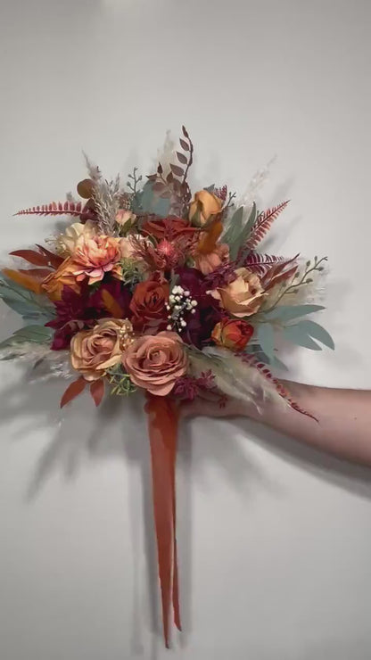 Wedding Bouquet Terracotta Rust Burgundy Burnt Orange Bouquet Bridal Fall Eucalyptus Baby Breath Rose Pampas Grass Artificial Flower Dried