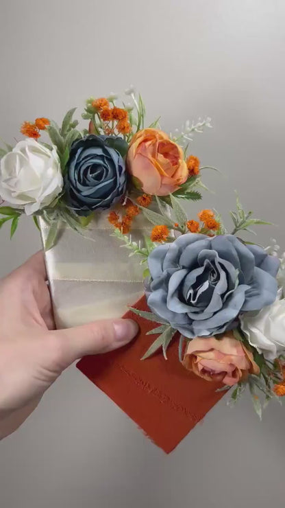 Blue Orange Pocket Boutonniere Wedding Dusty Blue Terracotta Groom Boutonnière Square White Groomsmen Blue Burnt Orange Boutonniere