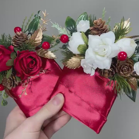 Wedding Christmas Bouquet Bridal Red White Rustic Bridesmaids Decor Gold Christmas Tree Winter Snow Pine Cone Red Berries Artificial
