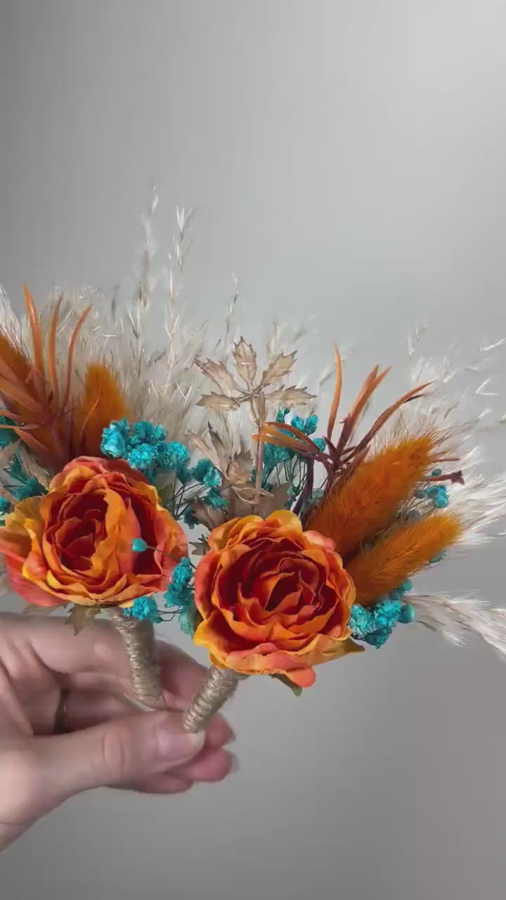 Orange Boutonniere Wedding Turquoise Groom Teal Boutonnière Terracotta Groomsmen Blue Rust Boutonnière Groom Aque Blue Pampas Grass