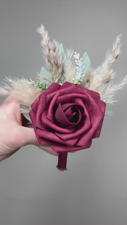 Burgundy Boutonniere Wedding Groom Burgundy Boutonnière Red Groomsmen  Boutonnière Groom Artificial Flowers