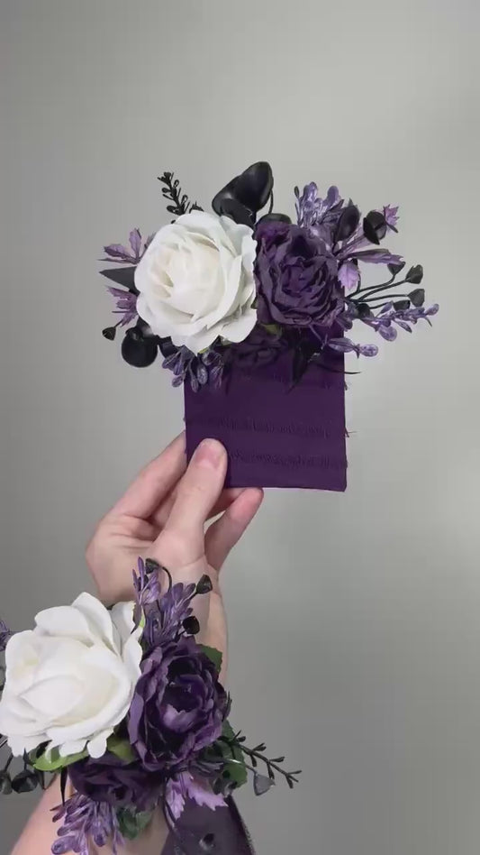 White Plum Pocket Boutonniere Wedding Groom Boutonnière White Dark Purple Square Groomsmen Pocket Boutonniere Black Plum Gothic Boutonniere