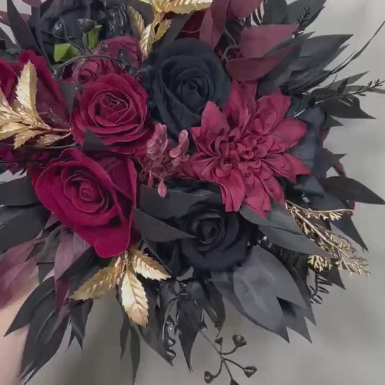 Wedding Bouquet Black Burgundy Bridal Wedding Gothic Gold Halloween Bouquet Black Decor Burgundy Handmade Artificial Flower  Bridesmaids