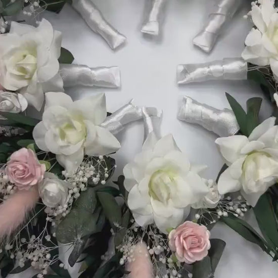 White Blush Boutonniere Wedding Eucalyptus Boutonniere Wrist Corsage Bridesmaids White Blush Mom Pink Baby Breath Accessories Artificial