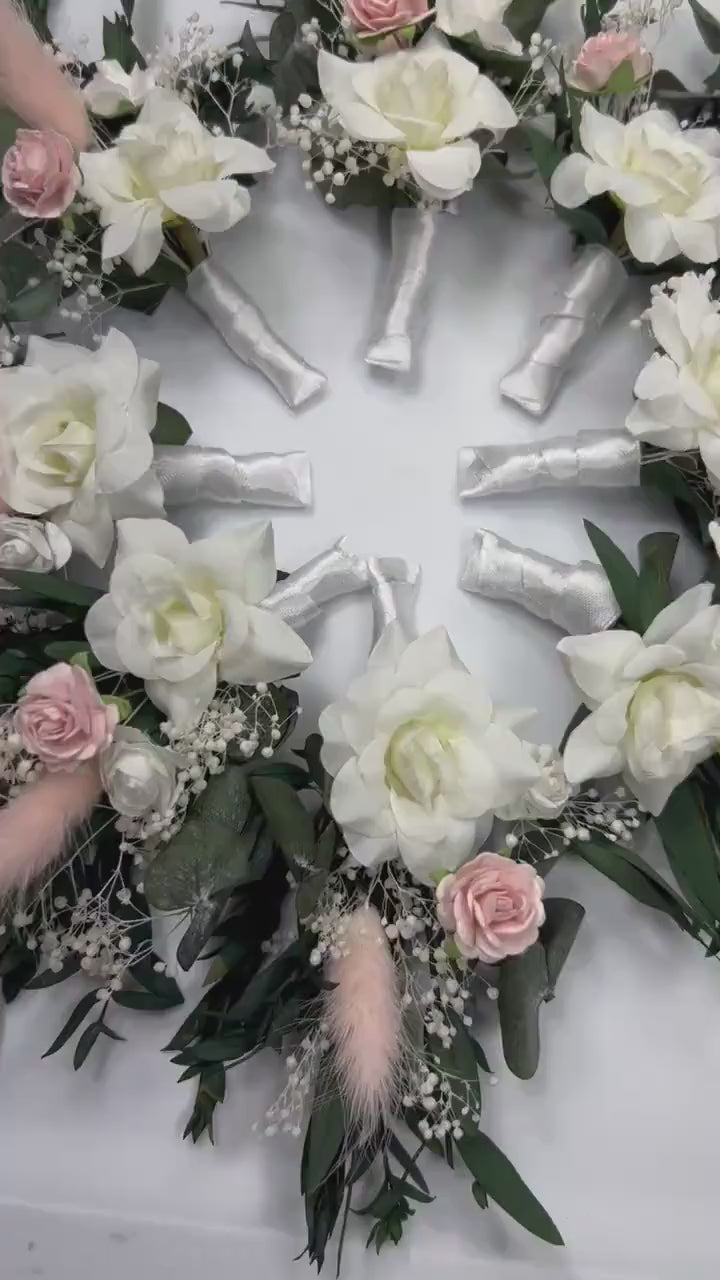 White Blush Boutonniere Wedding Eucalyptus Boutonniere Wrist Corsage Bridesmaids White Blush Mom Pink Baby Breath Accessories Artificial