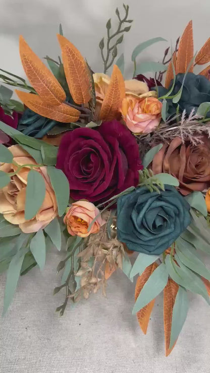 Dark Teal Terracotta Burgundy Centerpiece Wedding Table Decor Teal Rust Wedding Centerpiece Dark Teal Burn Orange Maroon Artificial Flower