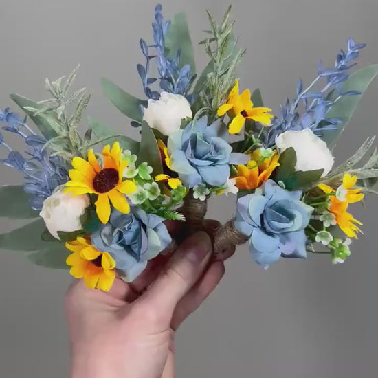 Sunflower Boutonniere Wedding Groom Sunflower Boutonnière Dusty Blue Sunflower Yellow Boho Boutonnière Groomsmen Sunflower Blue Boutonnière