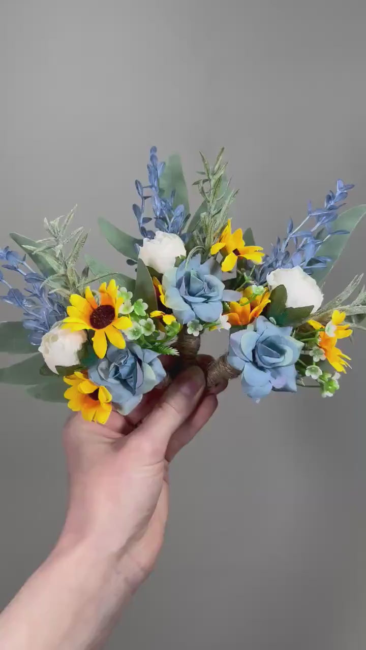 Sunflower Boutonniere Wedding Groom Sunflower Boutonnière Dusty Blue Sunflower Yellow Boho Boutonnière Groomsmen Sunflower Blue Boutonnière