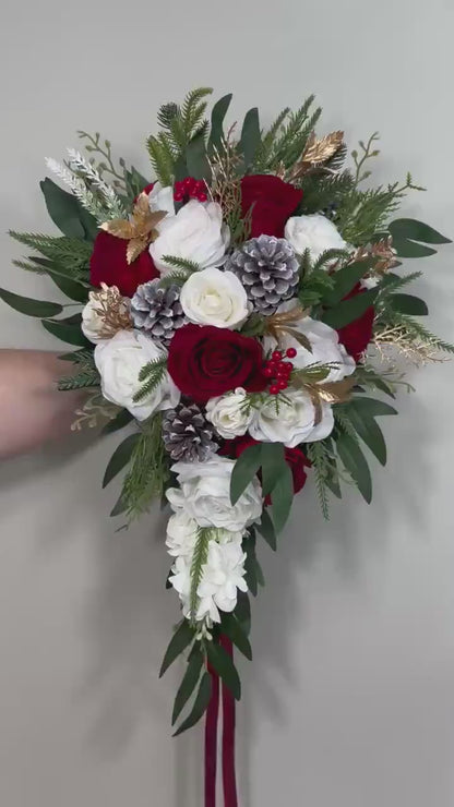 Christmas Cascading Bouquet Bridal Wedding  White Red Winter Bouquet Cascade Pine Cones Bridesmaids Ivory Dark Red Gold Artificial Flower