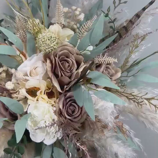 Brown Bouquet Wedding Bridal Taupe Bouquet Boho Pheasant Feathers Brown Bridesmaids Bouquet Pampas Grass White Brown Baby Breath Eucalyptus