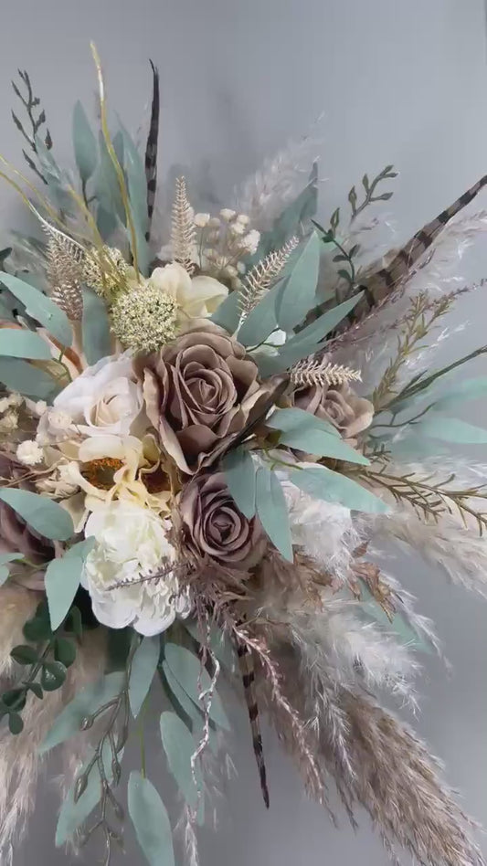 Brown Bouquet Wedding Bridal Taupe Bouquet Boho Pheasant Feathers Brown Bridesmaids Bouquet Pampas Grass White Brown Baby Breath Eucalyptus