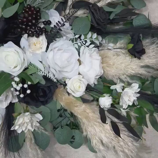 White and Black Arch Arrangement Pampas Grass Wedding Arbor Ties Arrangement Black Ivory Eucalyptus Greenery Boho Backdrop Artificial Flower