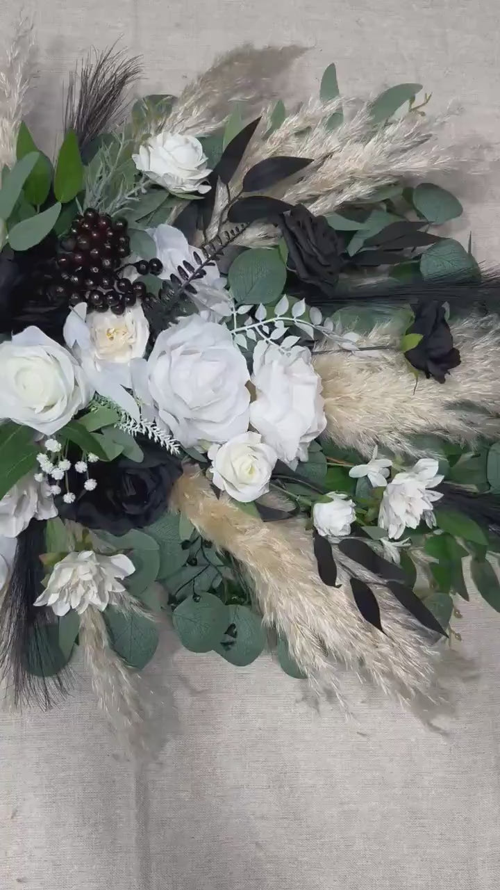 White and Black Arch Arrangement Pampas Grass Wedding Arbor Ties Arrangement Black Ivory Eucalyptus Greenery Boho Backdrop Artificial Flower