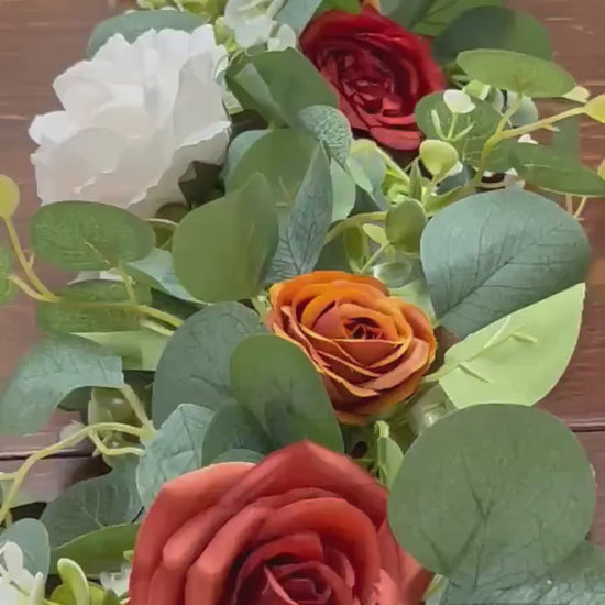 Terracotta White Garland, Wedding Burnt Orange Table Runner, Ivory Rust Table Decor, Centerpiece Garland Sage Green Eucalyptus