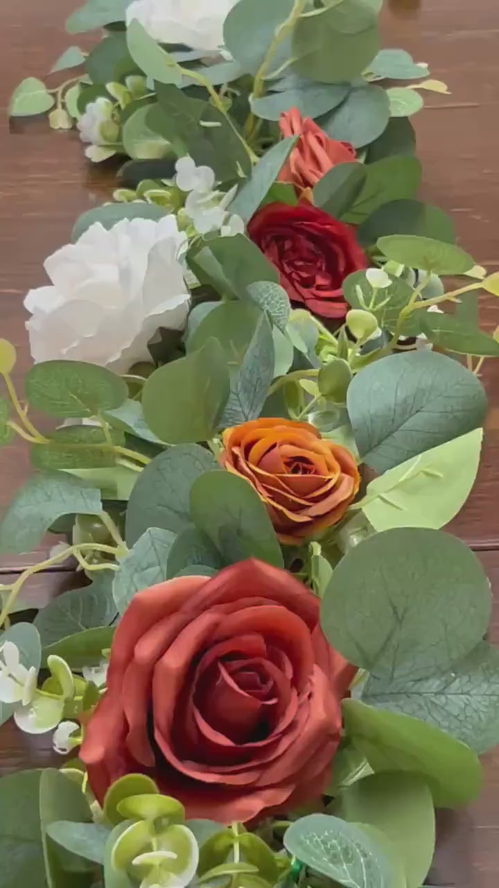 Terracotta White Garland, Wedding Burnt Orange Table Runner, Ivory Rust Table Decor, Centerpiece Garland Sage Green Eucalyptus